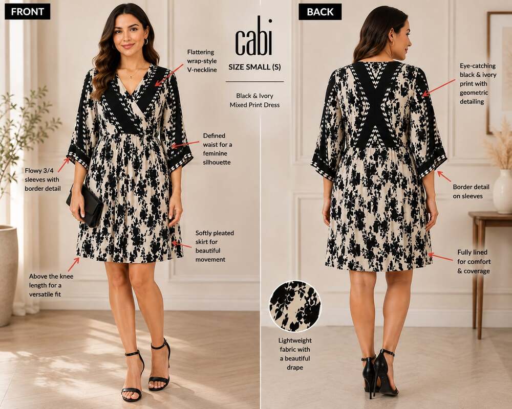 Cabi Style 6369 X-Factor Black and White Floral Wrap Dress Size S